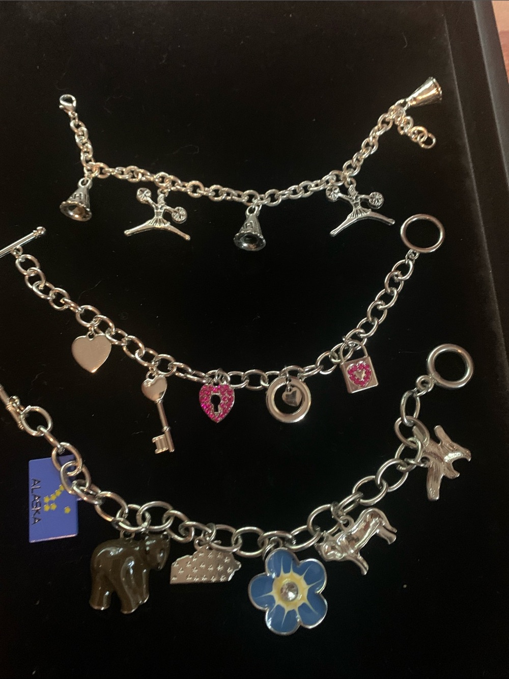 Silver-Tone Charm Bracelets cheerleaders, pink sparkle, and Alaska souvenir
